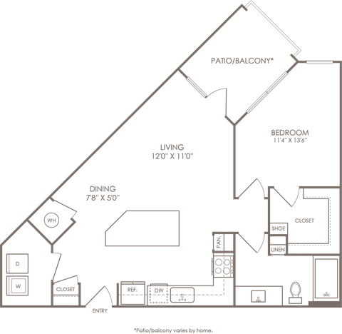 Floor plan for 1 bed, 1 bath, 795 sqft